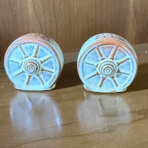 Vintage Frankoma Pottery Wagon Wheel salt and pepper shakers 94h,Cork Stoppers.